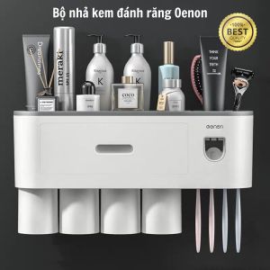 Kệ Để Bàn Chải Kem Đánh Răng  Kem Đánh Răng Tự Động 4 cốc Không khoan tường (Tặng kèm miếng dán)
