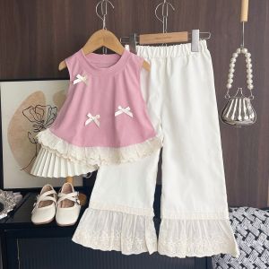 Bear Leader Cute Baby Clothing Outfits New Girls Clothes Korean Version Bow Lace Pathwork Vest Tops and Pants Two-piece Set 3-7Years Kids Fashion Suits
