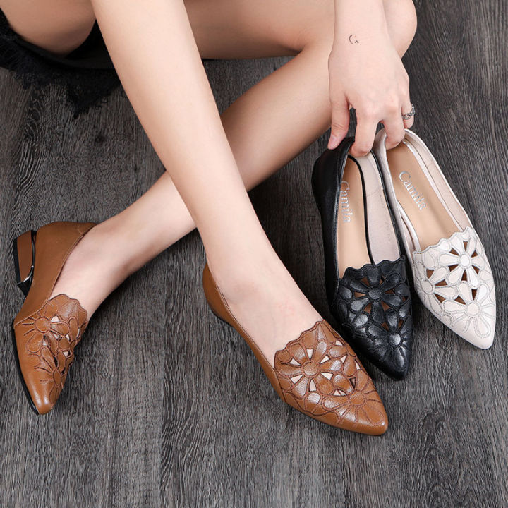 Soft Leather Soft Surface Hollow Embroidered Single Shoes Women