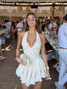 V Neck Halter Lace Mini Skirt Women Fashion Waist Cinched A Line Dress Backless Sleeveless Short Vestidos Summer Lady Dresses2026