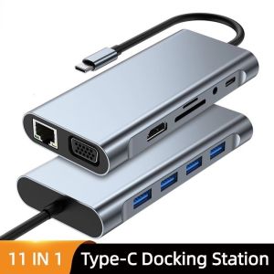 11-IN-1 USB C HUB jenis C ke HDMI Adapter 4K Full HD Type-c ke VGA RJ45 Ethernet USB 3.0 AUX 3.5MM SD/TF Card Reader pemindahan Data 87W PD untuk PC Zweicx