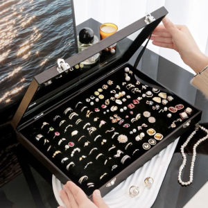 JACOOEQU หนังพียู ถาดเก็บเครื่องประดับ แหวน errings ทำจากไม้ กล่องเครื่องประดับกำมะหยี่ สีทึบทึบ จุได้มาก ที่ใส่เครื่องประดับ บรรจุภัณฑ์บรรจุภัณฑ์บรรจุภัณฑ์