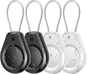 Waterproof AirTag Holder - (4 Pack) Air tag Lock Case with Wire Cable Compatible with Apple AirTags Ultra Durable Anti-Lost Case with Keyring for Luggage Key Backpack Black