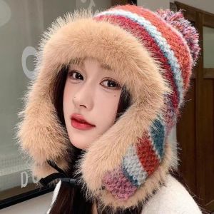 FXUP Polyester Mũ Trapper sọc Chu vi vòng đầu từ 54cm đến 60cm. Pom Pom Mũ giữ ấm bảo vệ tai. Thoải mái Mũ che tai Mũ len mùa đông nhiều màu sắc. Mùa đông