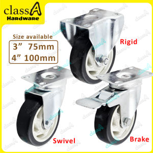 ClassAHW Black PU Heavy Duty Swivel Rigid Brake Caster Roller Castor Wheel 4 inch 3 5 inch Black and White Roda Hitam