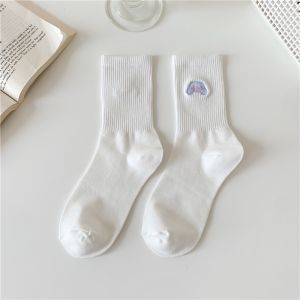 Sanrio Cinnamoroll Mymelody Kuromi Womens Embroidered Socks Solid Color Cotton Socks Black and White Stockings