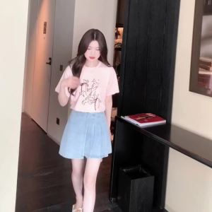 Ammin 2024 mùa hè mới cổ điển cổ tròn nơ đáng yêu trang trí tay ngắn Cotton T-Shirt người phụ nữ phong cách Hàn Quốc tay ngắn đơn giản màu trơn giản dị áo blouse thanh lịch