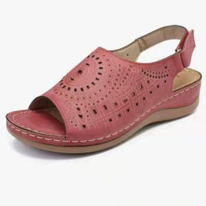 [Free Shipping] New Summer Collection: Plus-Size Wedge Sandals For Women Featuring A Hollowed-Out Design Flat Heels Open-Toe Style Buckle Straps And A Retro Perforated Look