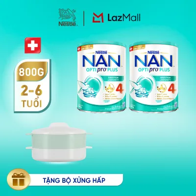 [Tặng Xửng hấp] Bộ 2 Lon Sữa bột Nestlé NAN OPTIPRO PLUS 4 với 5HMO xuất xứ Thụy Sĩ - Hộp 800g cho bé từ 2-6 tuổi - Sữa công thức dinh dưỡng cho trẻ giúp hỗ trợ tiêu hóa đề kháng trí não và phát triển toàn diện