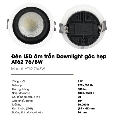 (Rạng Đông) Đèn LED âm trần downlight chiếu điểm spotlight AT62 8W 10W 12W Sáng trắng 6500K trung tính 4000K