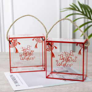 Túi Hộp Mica Vuông Trong Họa Tiết Xuân Đựng Bánh Quy Kẹo Nougat Quà Tết