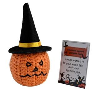 Halloween Knitted Small Pumpkin Head with Hat Ornament with Positive Message Cards Crochet Pumpkin Dolls for Gifting