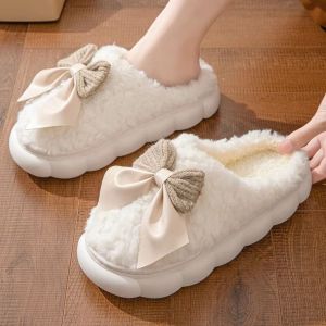 WENTIVV Anti Slip Warm Fur Slippers Flat Heel Student Fluffy Bow Slippers Cute Bedroom Winter Warm Slippers Women