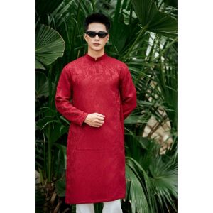 Áo dài Nam thiết kế - chất liệu gấm -Tafta cao cấp màu Đỏ hoạ tiết cá tính hiện đại - Áo Dài cao cấp Bình Ngộ