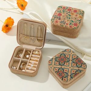 FEEOUNG Cork Wood Jewelry Storage Box Portable Useful Cosmetic Holder Double Box Simple Ring Earrings Organizer Travel Supplies