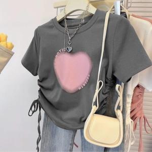 Tshirt Romantic Heart Oversize Crop Top Wanita Model Serut - Atasan Baju Cotton Combad - Kaos Wanita