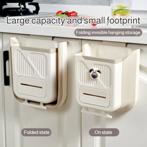 Kitchen punch-free trash can cabinet door wall-mounted household trash basket foldable bathroom toilet storage bin