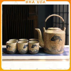 Bộ Ấm Chén Cá Chép Nhật Men Gốm Rạn Cao Cấp Nhà Xưa