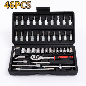 Set Kunci Socket Wrench 46 PCS Soket Kunci Pas Soket Kombinasi Peralatan Reparasi Motor Kunci SOK 46 PC Set Socket (1/4 ") Full Lengkap Socket Tool Kit