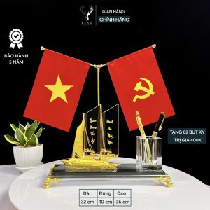 Hộp Đựng Bút Doanh Nhân Thuyền Thuận Buồm Xuôi Gió Hiện Đại 2 Cờ Chất Liệu Đồng Mạ Vàng và Pha Lê K9 Hộp Bút Để Bàn