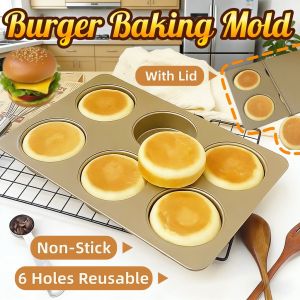 Hamburger Bun Baking Mold Pan Six Cup With Lid Nonstick Carbon Steel Food Grade Reusable Heat Resistant Home Oven