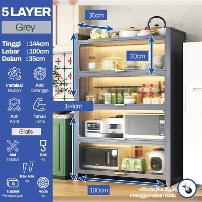 STEEL ELITE Rak Lantai Berdiri Multifungsi Dapur dengan Pintu Rak Penyimpanan Microwave Oven dan Lemari Piring Multi-Lapisan Lemari dapur