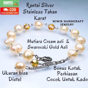 Gelang Tangan Wanita Mutiara Air Tawar Warna Cream dan Swarovski Gold Asli Kado Hadiah Terbaru
