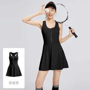 Womens Comfortable Dress 1 Piece Sports Skirt with Shorts inside and Zipper Design for Tennis Running Fitness Badminton