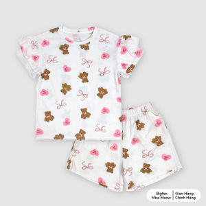 Bộ bé gái cộc tay Bigfox Miss Meow mùa hè size đại in gấu cỡ 36911 tuổi 30kg 40kg