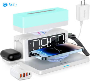 Brifit Wireless Charger 6 in 1 Wireless Charger with Digital Alarm Clock Night Light 15W Fast Charger Compatible with iPhone 14/13/11/ES/XS/8 Samsung Galaxy AirPods Apple Watch (with 4 Ports Adapter)