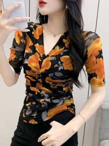 REHIN เสื้อผู้หญิงแขนสั้นคอวีพิมพ์ลายดอกไม้เสื้อแฟชั่นฤดูร้อนใหม่