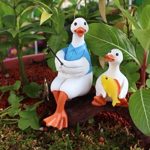 2PCS Father And Son Duck Fishing Statue Sculpture Outdoor Garden For Pond Yard Lawn