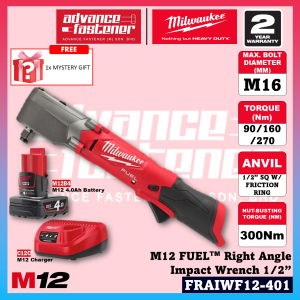 Ready Stock | Original Milwaukee FRAIWF12-301B / FRAIWF12-0 M12 FUEL™ Right Angle Impact Wrench 1/2” (2 Years Warranty | Fast Shipping 🚛)