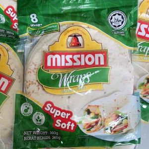 Mission Wraps Onion&Chive super soft 360g 8 wraps แผ่นแป้งสําเร็จรูป แรพส์ ผสมหัวหอมและใบกระเทียม ยี่ห้อมิชชั่น ปริมาณ 360 กรัม 8แผ่น