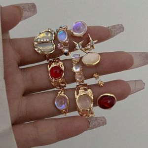 NOBLELYN Gold Plated Irregular Open Ring Set Multicolor Rhinestone Tiger Eye Inlaid Finger Open Rings Set  Textured Crystal Ring Set Jewelry