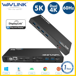 Wavlink Usb C 5k Laptop Universal Docking Station Ultra HD Multi-Display Expansion Type-C to 2 × Hdmi and Display Port Gigabit Ethernet Type C 6 × Usb 3.0 Audio Microphone Multi-Port Splitter Support Windows Mac Os Pc Converter (Malay Plug)