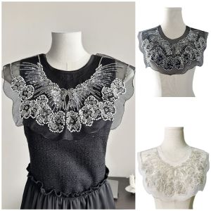 POYAN ผ้าคลุมไหล่ลายลูกไม้ ปกปักเลื่อมลูกปัดหนัก วินเทจ ถอดออกได้ ปกด้านหน้าปัก สไตล์เก๋ๆ สง่างามเรียบหรู ปกเสื้อย้อนยุค สำหรับผู้หญิง