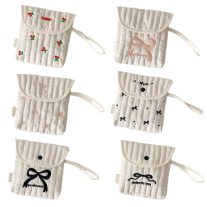 Fashionable Embroidered Butterfly Bows Cosmetic Bag Women Menstrual Organizer Soft Polyester Cotton Storage Bags