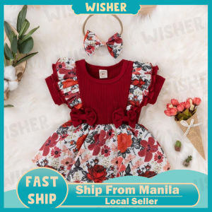 Baby Girl Bodysuit Hairband Set Floral Bodysuit + Bow Hairband for 6-12 months baby