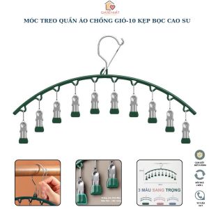 Combo 2 Móc treo quần áo chống gió 10 kẹp bọc cao su giữ chắc chắn tránh hư hại quần áo phù hợp phơi đồ em bé tất vớ