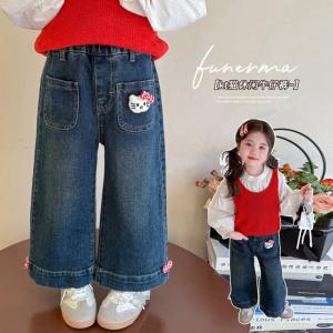 Christmas gifts Halloween Hello Kitty Autumn New Girls Stylish Loose Comfort Straight Leg Pants Sanrio Korean Edition Spring Autumn Sweet Wide Leg Jeans