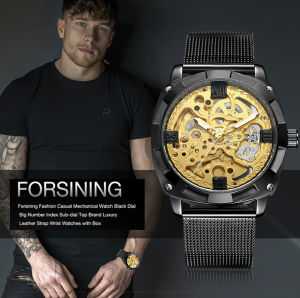 นาฬิกาข้อมือ Forsining Retro ผู้ชายอัตโนมัติ Wirstwatches Top ยี่ห้อ Luxury Black Gold ส่องสว่างมือนาฬิกาหน้าเปลือยชาย