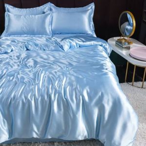 Summer Ice Silk 4 In 1 Skin-friendly Naked Sleeping Ins Bedding Sets Washable Bed Sheet Duvet Cover Comfortable Pillowcase Single /Twin/queen/King Size Bedsheet