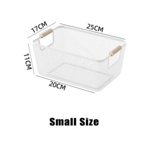 Iron Mesh Storage Basket Wooden Handle Large Organizer Fruit Sundries Snacks Kitchen Makeup Toys