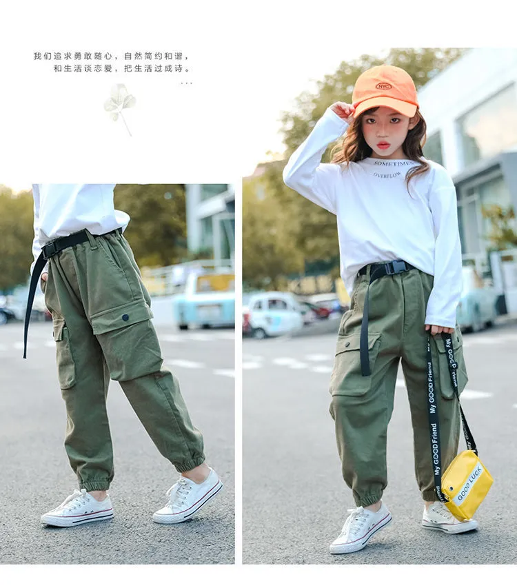 Fashion Cargo Pants for Teen Girls Cool Trousers With Belt Loose