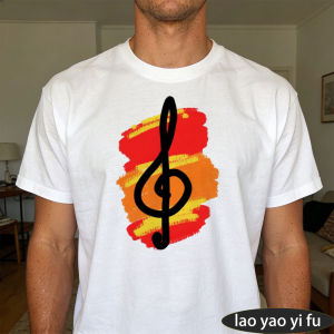 [Local Stock] HBESTY  Treble Clef Red Orange Brush Stroke Background Men Summer Cotton TShirt Retro Music Symbol Graphic Casual Daily Holiday Wear Top