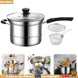 Elegant Stainless Steel Food Pot with Lid and Drain Shelf for Steaming Cooking Frying Stylish Kitchenware