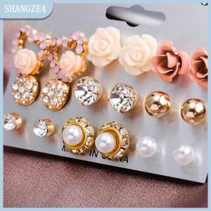 【SHANGZE4】 9 cái bộ của phụ nữ pha lê ngọc trai hoa tai đinh tán Bông tai trang sức thanh lịch quà tặng