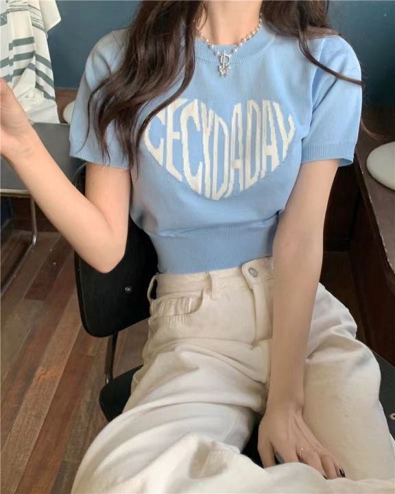 A one(พร้อมส่ง/ใหม่)#66050เสื้อยืดไหมพรมแขนสั้นผู้หญิงลายหัวใจฤดูร้อน ...