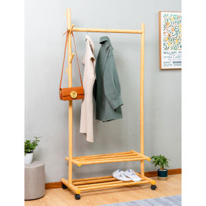 Coat Rack Wooden with Wheels Coat Rack Stand Bamboo Hanging Pole Drying Clothes Storage Organizer with Wheels